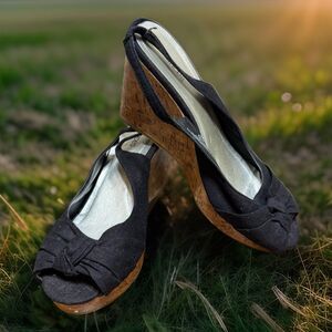 Maurices Womens Size 10 Linen Cork Wedge Boho Canvas Wrap Sling Back Peep Toe